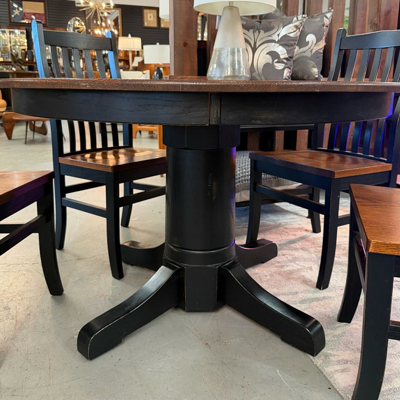 48"D Oak Top/Black Pedestal Table W/4 Chairs