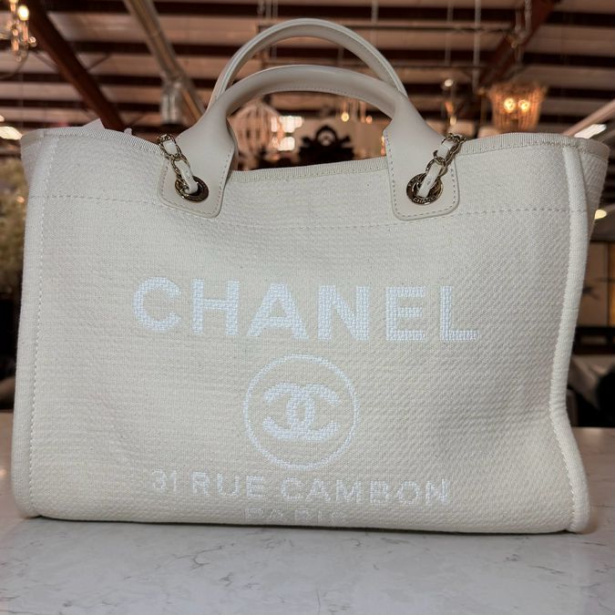 Chanel Canvas Pearl Deauville Tote W/Cosmetic Case