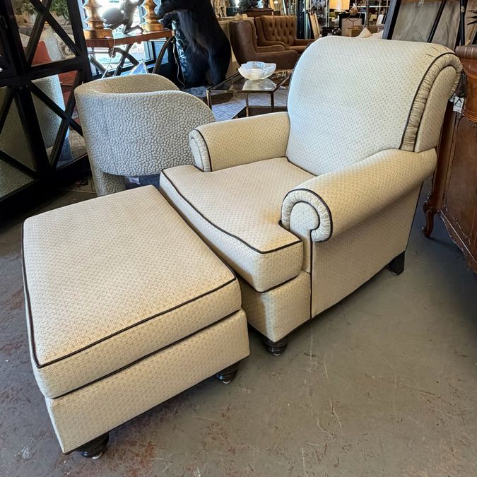 Ethan Allen Whitney Cream & Leather Trim Featherblend Chair & Ottoman FINAL SALE