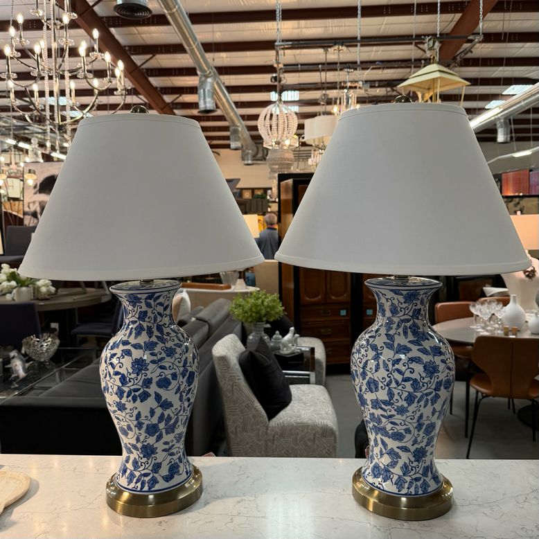 PAIR Blue & White Ceramic Lamps 28"H