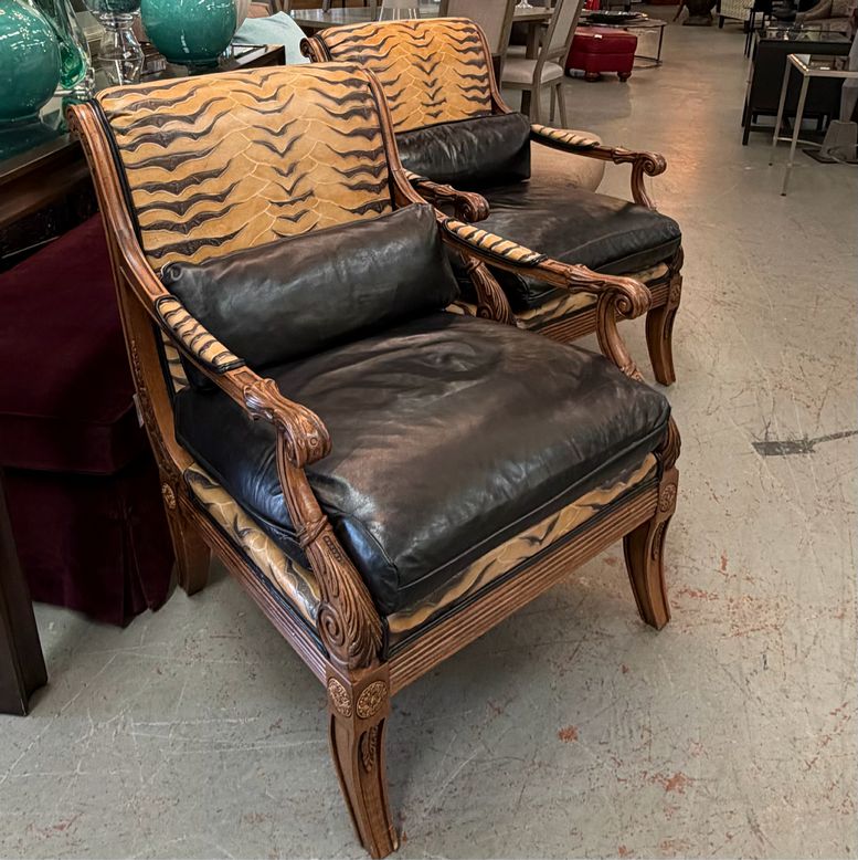 PAIR Ethan Allen Leather Safari Lounge Chairs 28.5X34X37.5