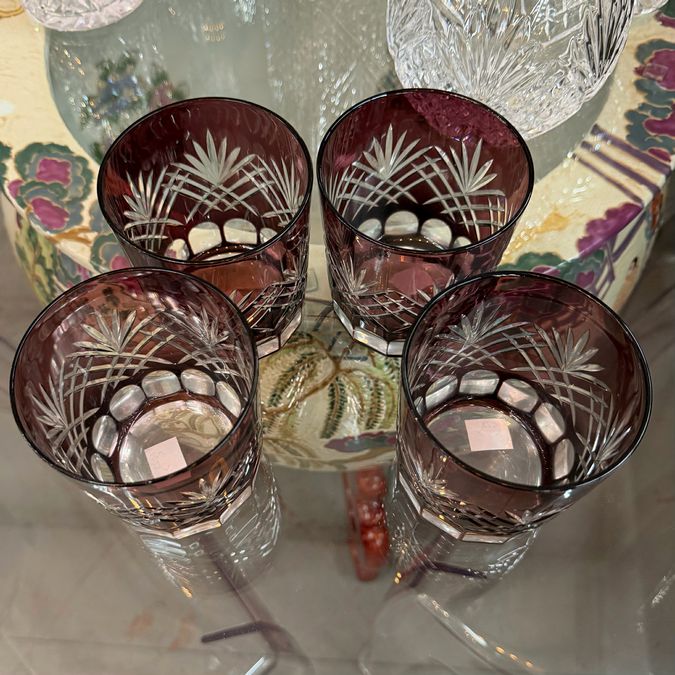 SET/4 AJKA Arabella Double Old Fashion Aubergine Cut to Clear Crystal Glasses