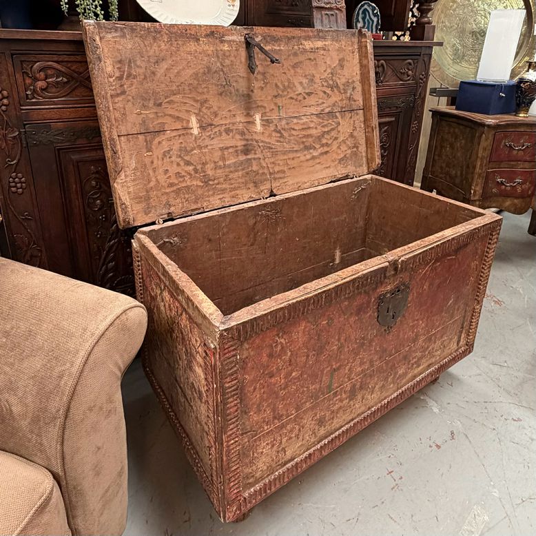 Spanish Colonial Painted Blanket Chest, Hand Forged Iron Hardware 43.5”Wx24”Dx28
