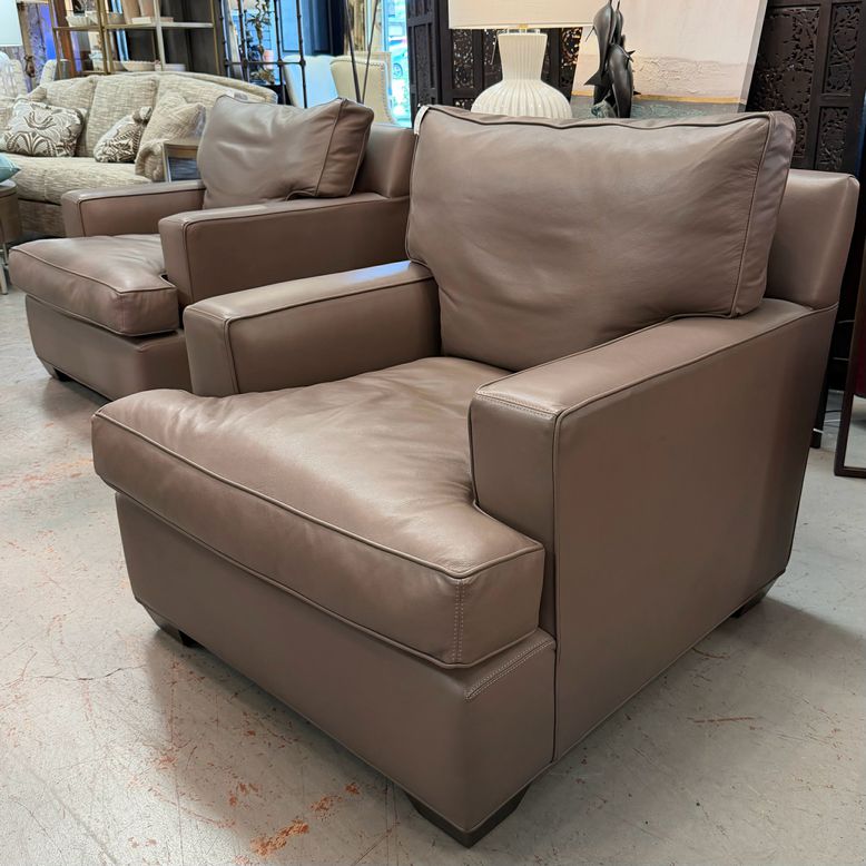 PAIR of Barclay Butera Mushroom Pebbled Leather Club Chairs