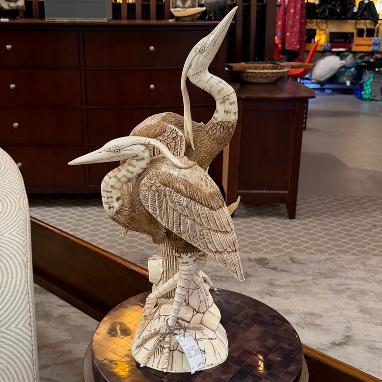 Vintage Asian Hand Carved Bone Double Heron Sculpture 22"H