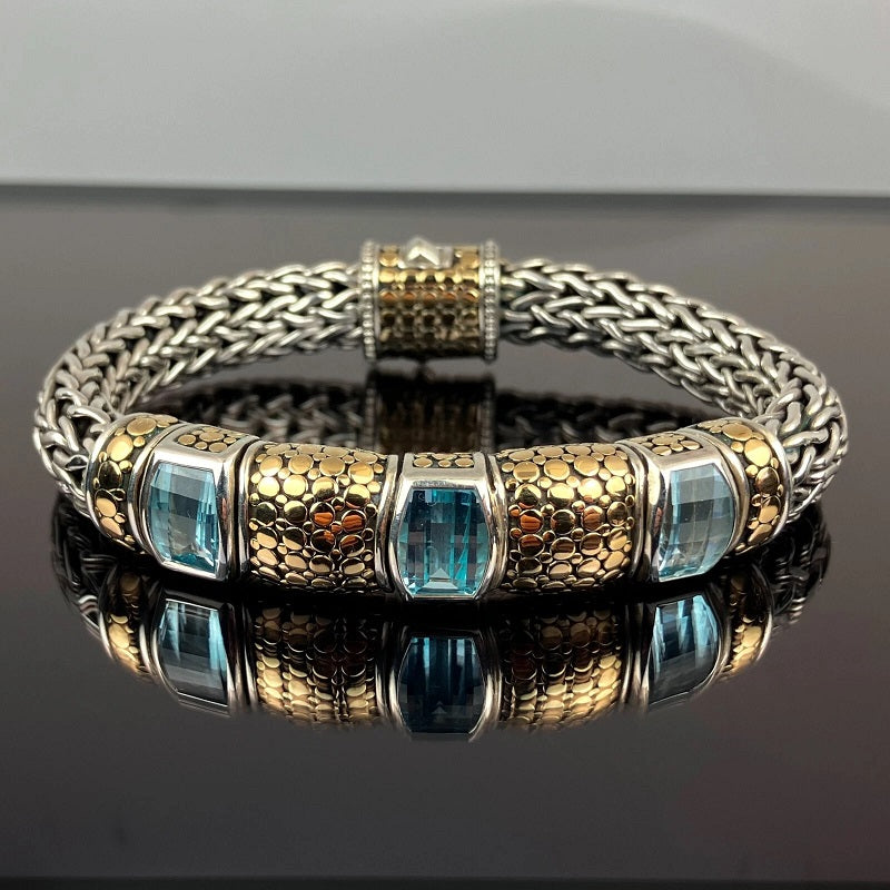 John Hardy Dots 925 Sterling Silver & 18K Yellow Gold Topaz Braided Bracelet