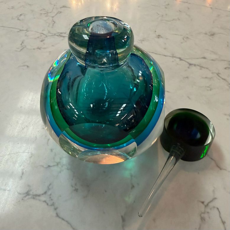 Blue-Green Bull's Eye Art Glass Perfume Bottle 6"