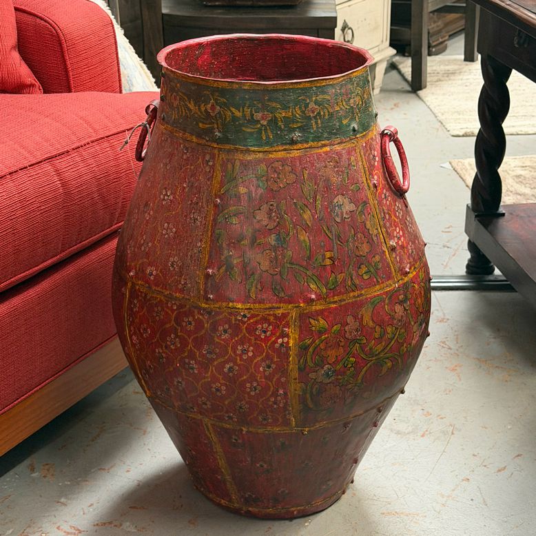 Unique Red Floral Iron Floor Handled Urn 16.5" Dia X 26"H