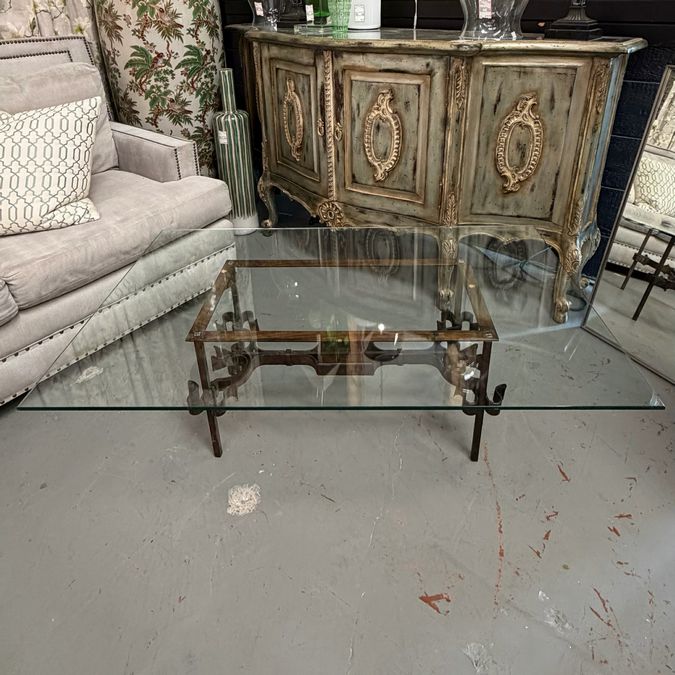 1950's Brutalist Gilded Wrought Iron Coffee Table W/Glass Top 48x30x16
