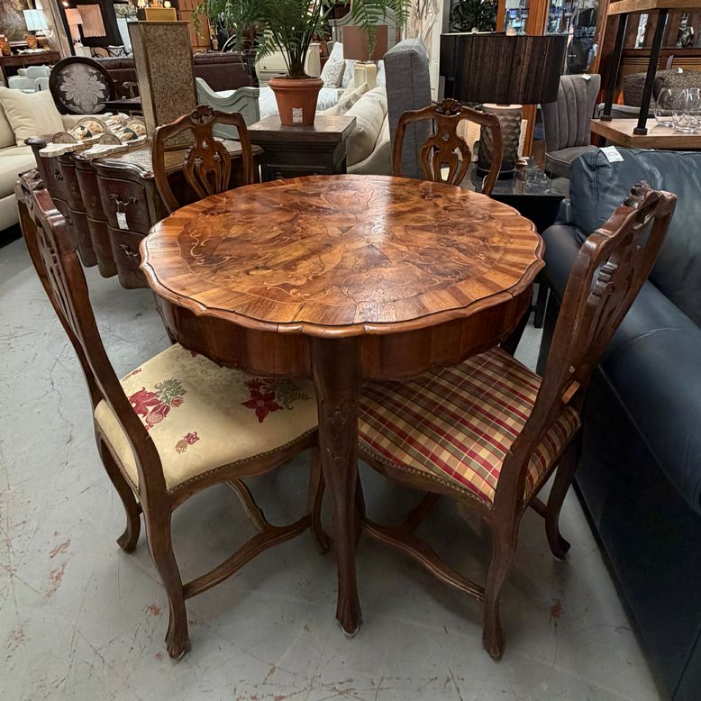 1880's Italian Rococo Revival Walnut Burl Marquetry Table W/Matching Chairs