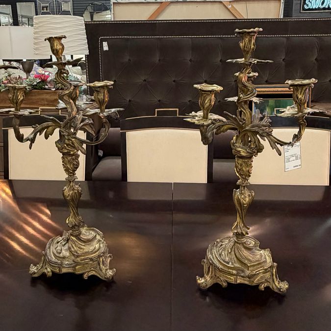 PAIR Vintage Brass Rococo Candelabras 24"H AS IS