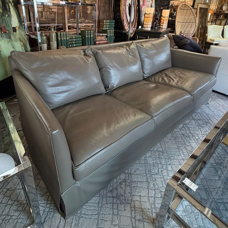 Barclay Butera Mushroom Pebbled Leather Skirted Sofa 96X42X34