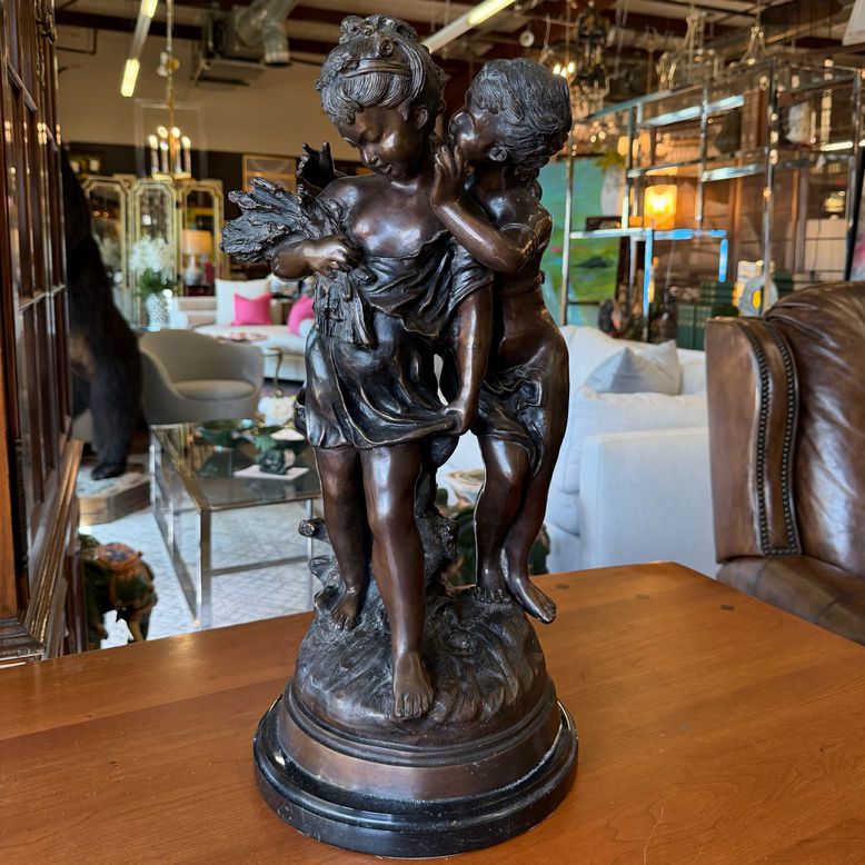 French Children Bronze On Marble Auguste Moreau 25"H