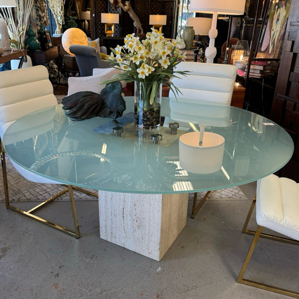 60" Round Travertine Dining Table W/Frosted Glass Top