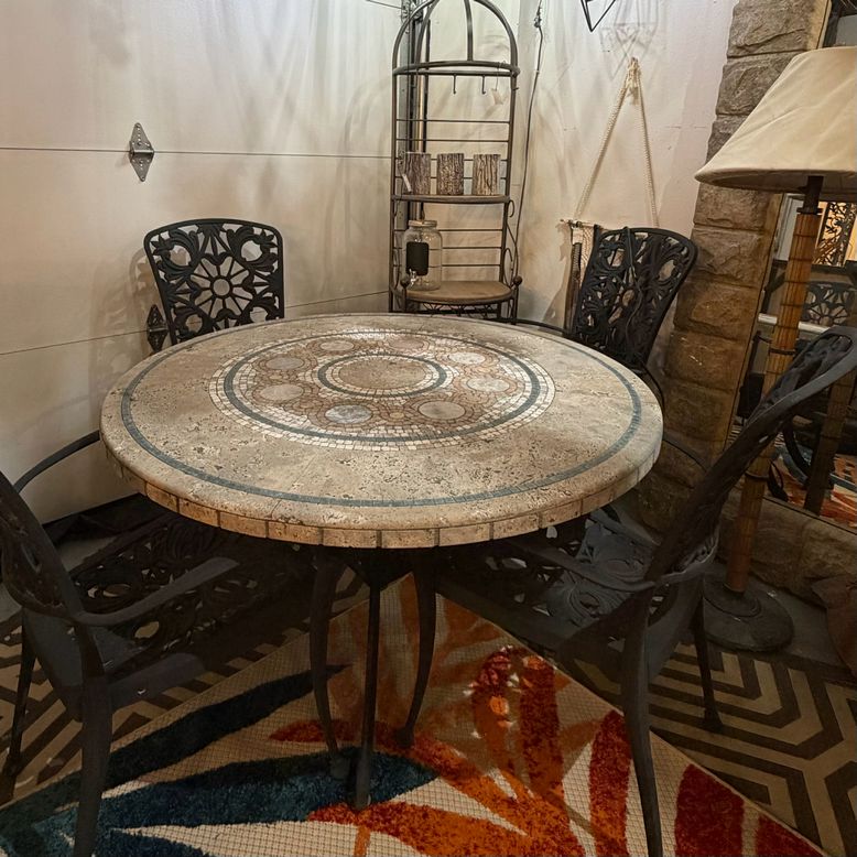 Mosaic Stone Top/Black Iron Base Table W/4 Wrought Iron Chairs 48"DiaX30"H