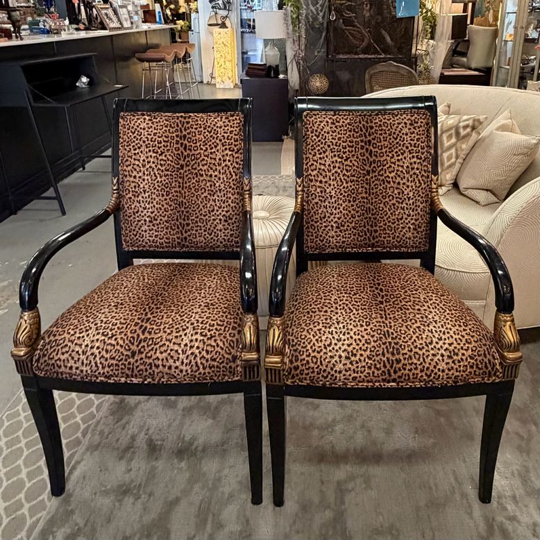 SET/6 Hollywood Regency Style Black Carved Gilt Chairs W/Leopard Upholstery 22x2