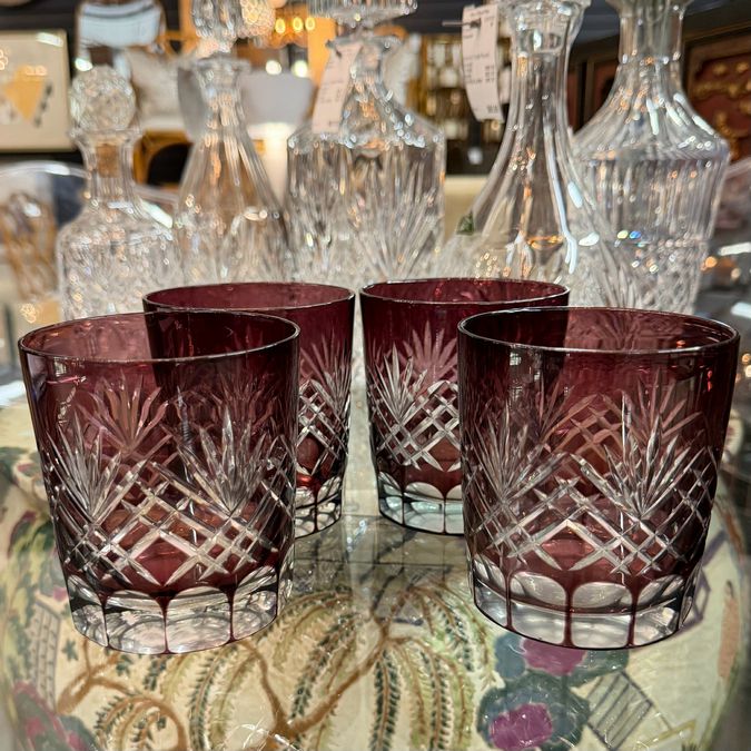 SET/4 AJKA Arabella Double Old Fashion Aubergine Cut to Clear Crystal Glasses