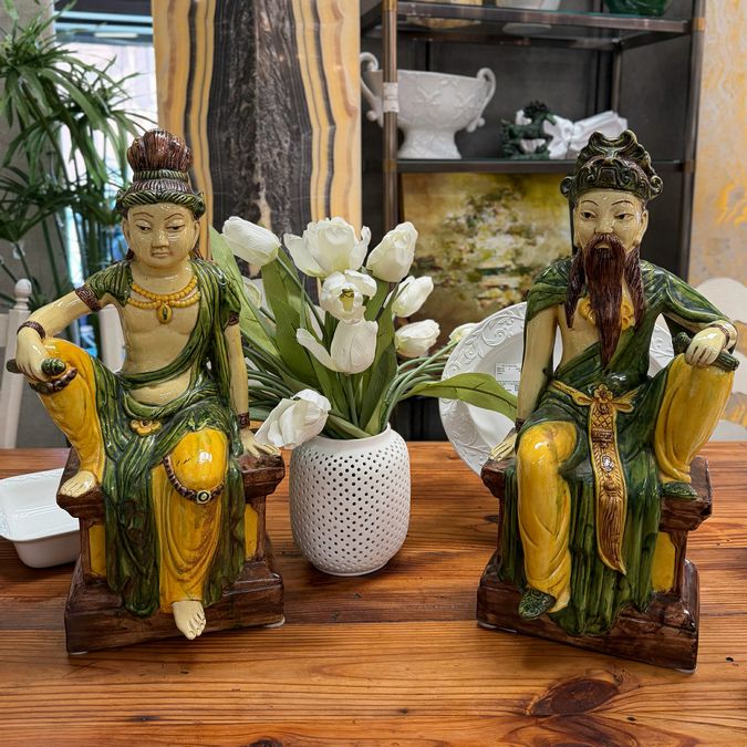 PAIR Ming Style Taoist Dignitary Glazed Figurines 22' tall