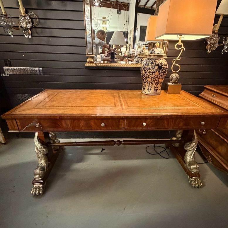 Maitland Smith Leather Top Desk W/Dolphin Legs 59.5x30x29.5