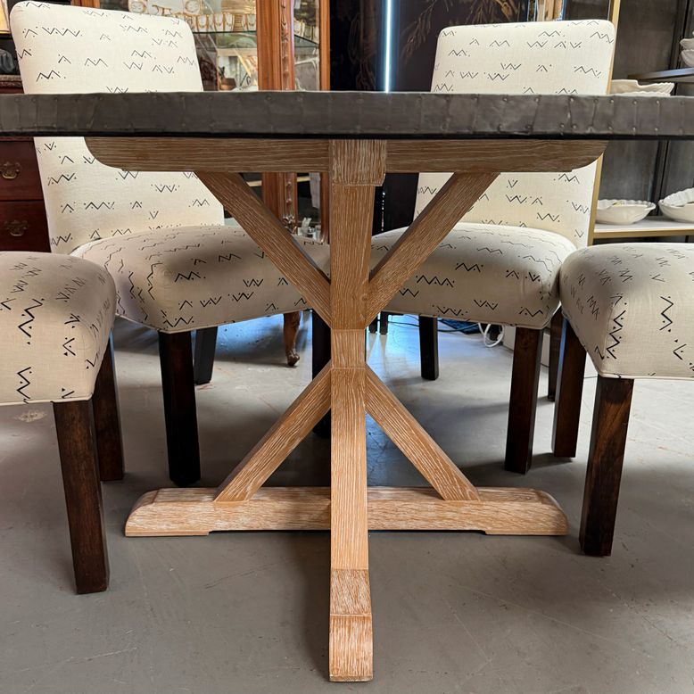 Custom Hammered Zinc Table W/Oak Trestle Pedestal Base 54"Diax29.5"H