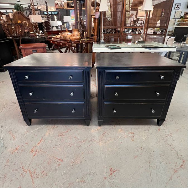 PAIR Ethan Allen Glover 3-Drw Nightstands Distress Black 30x19x29