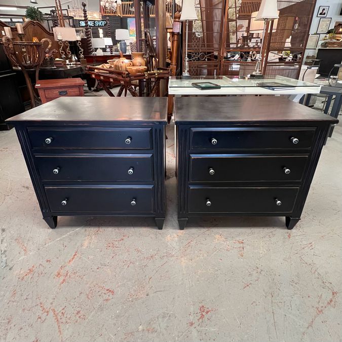 PAIR Ethan Allen Glover 3-Drw Nightstands Distress Black 30x19x29