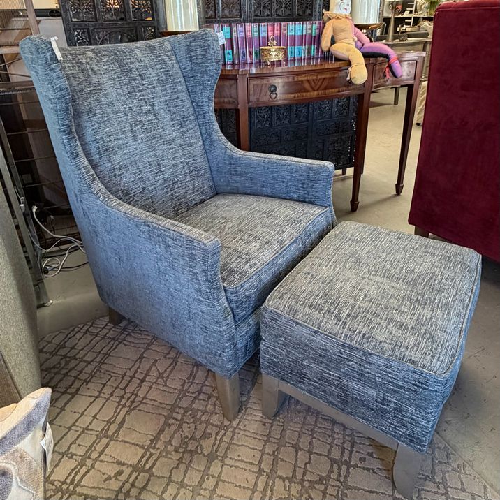 Fairfield Taylor Blue/Gray Wingback Chair & Ottoman 29.5x35x42