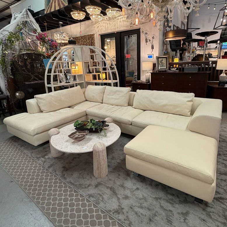 Roche Bobois Elixir Cream 2-PcLeather Sectional & Ottoman 133x81/66x31