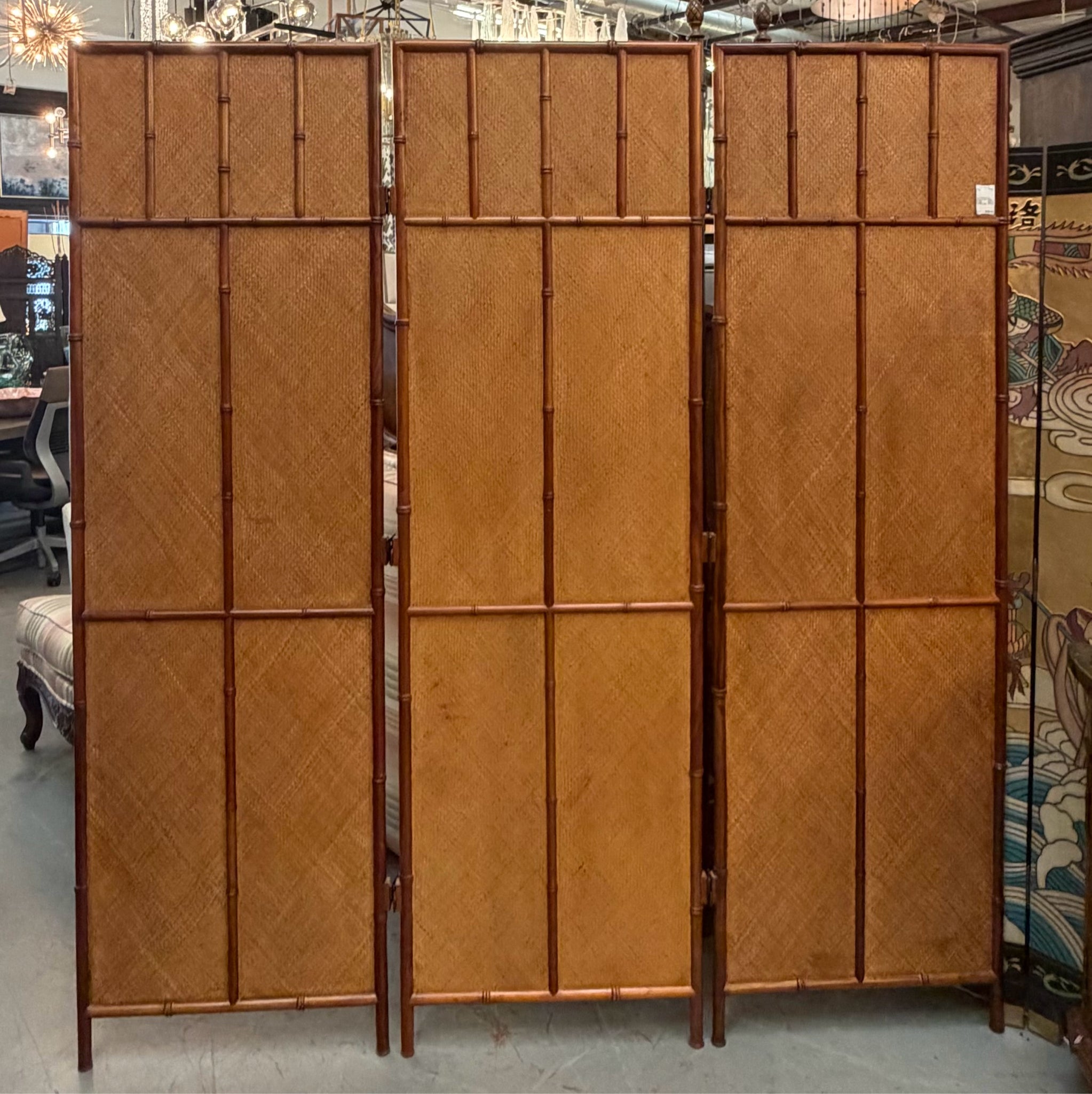 Large 3-Panel Faux Bamboo & Woven Wicker Screen 72x80