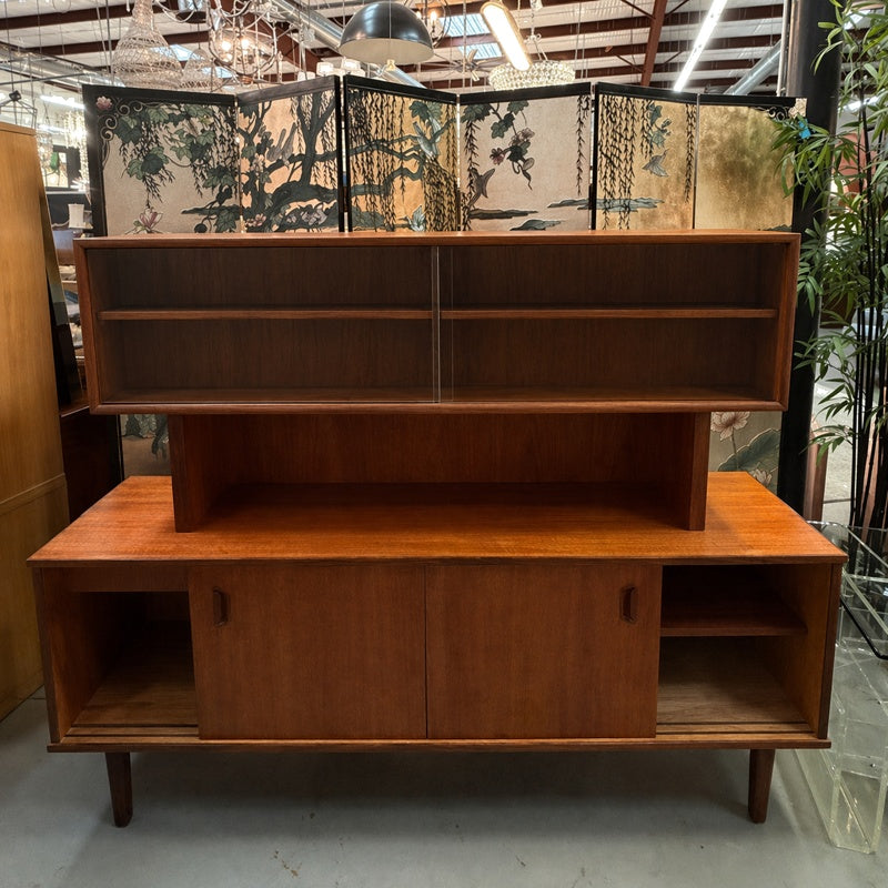 MCM Teak Sliding Door Credenza W/Sliding Glass Hutch 69.5Wx16Dx55.5H