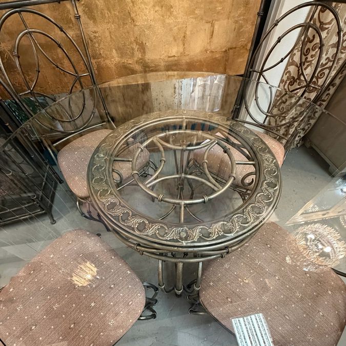 54"D Faux Bamboo Metal Table W/Glass Top, 5 Chairs