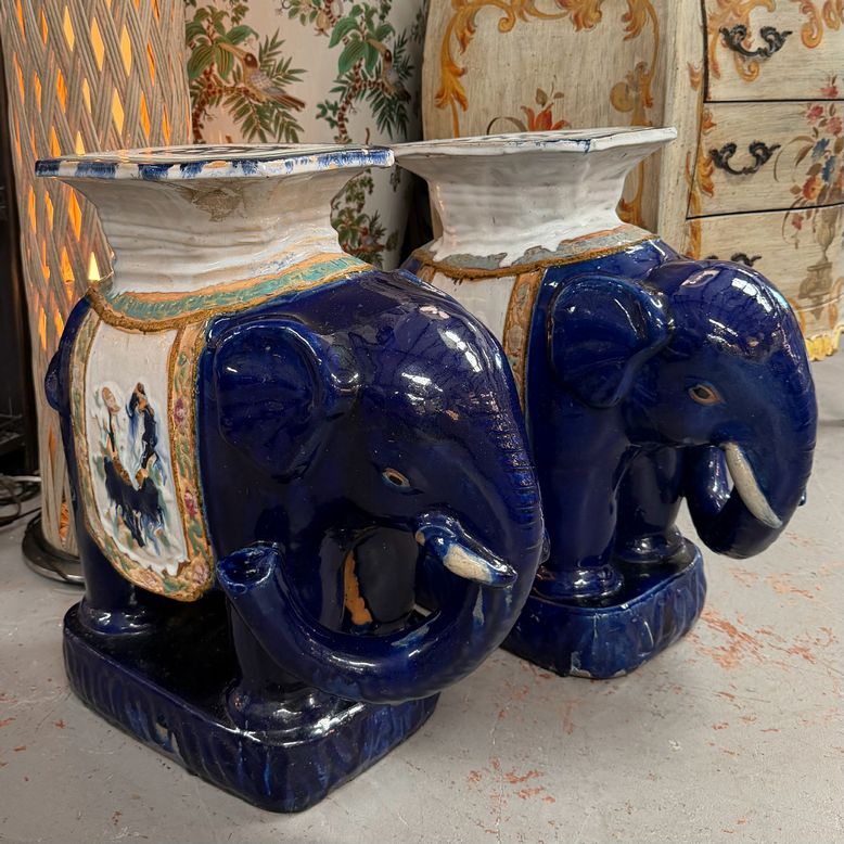 PAIR 1960's Cobalt Asian Elephant Garden Stools 20x10.5x22