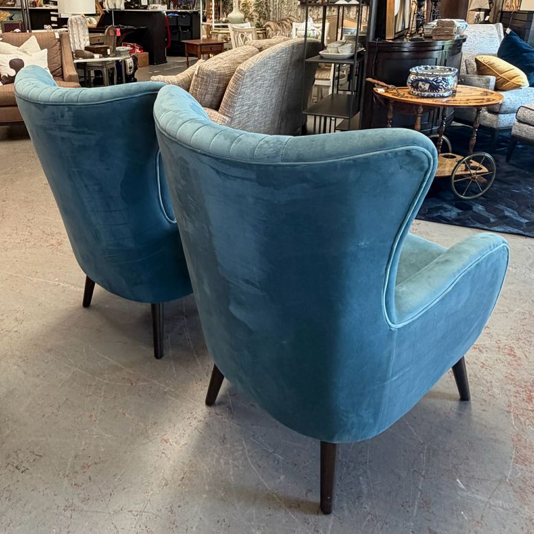 PAIR Uttermost 23314 Dax Blue Velvet Channel Back Chairs 29x30x38 ALMOST NEW!