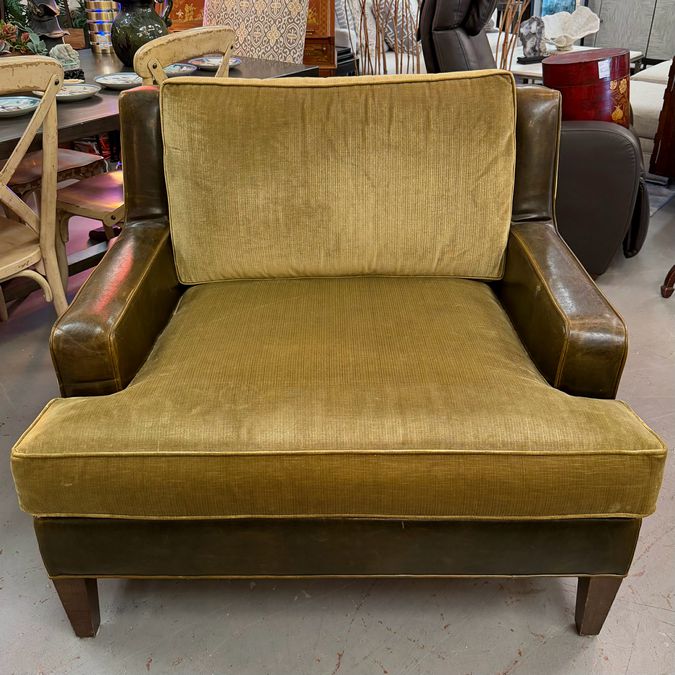 Green Velvet & Leather Oversized Arm Chair 45x39x35