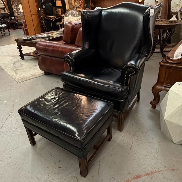 AWESOME Vintage Pristine Black Leather Wingback Chair W/Ottoman 33X34X43