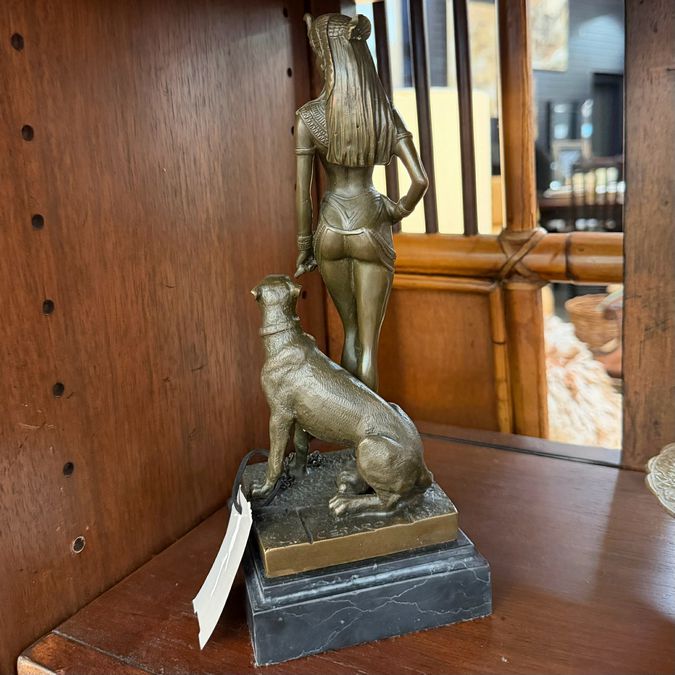 10.5" Egyptian Queen Cleopatra Enthroned Panther Bronze Statue