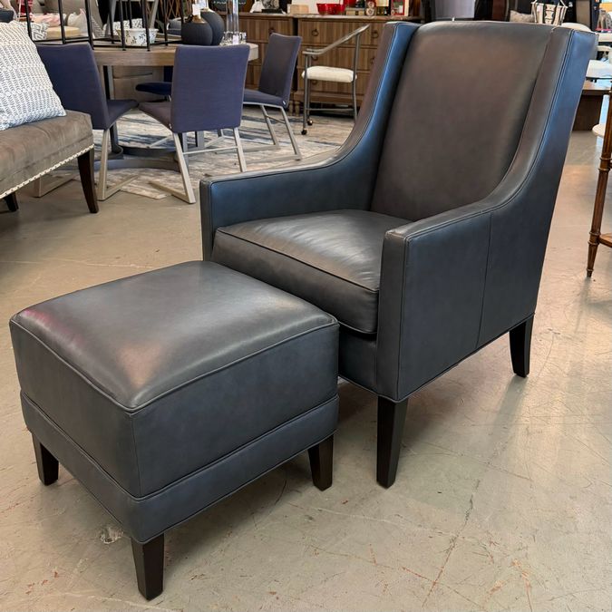 Ethan Allen Kent Sherwood Blue High Grade Leather Wingback Chair & Ottoman 28x37