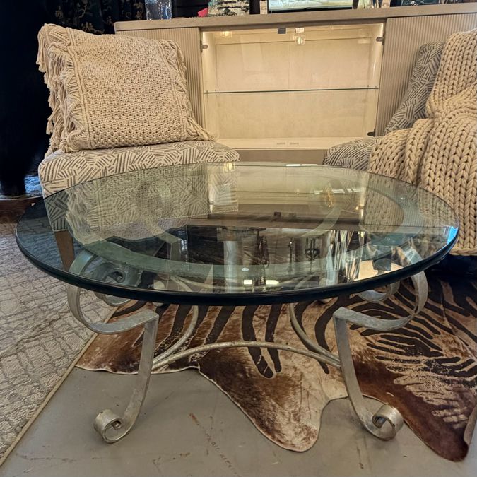 Silver Finish Metal Base/Glass Top Coffee Table 36" Dia x 17"H