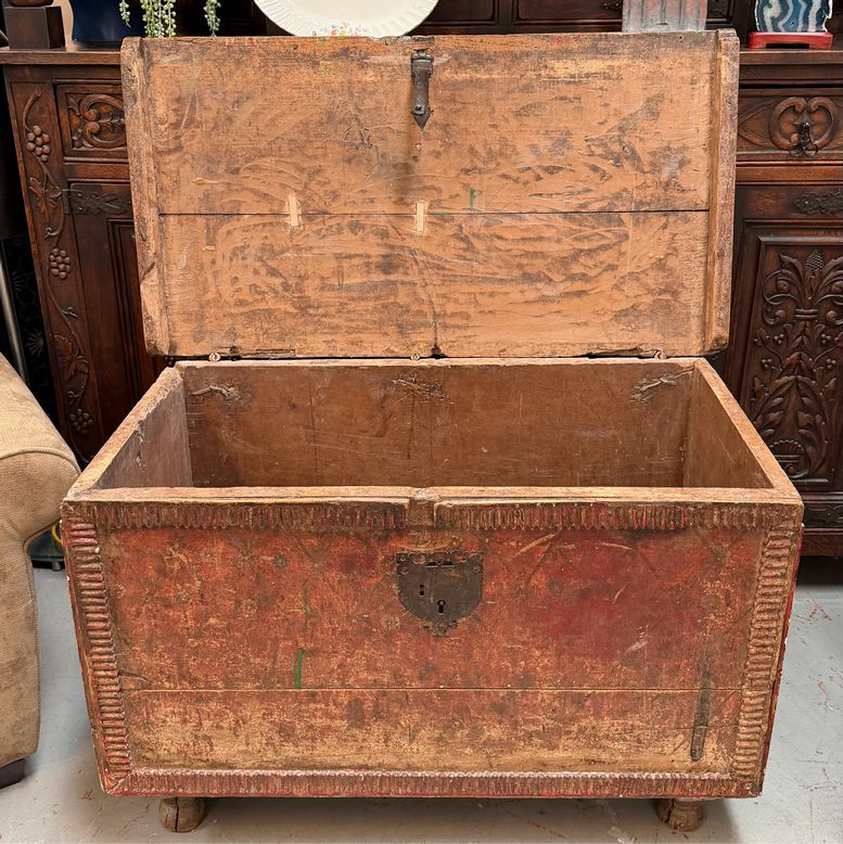 Spanish Colonial Painted Blanket Chest, Hand Forged Iron Hardware 43.5”Wx24”Dx28