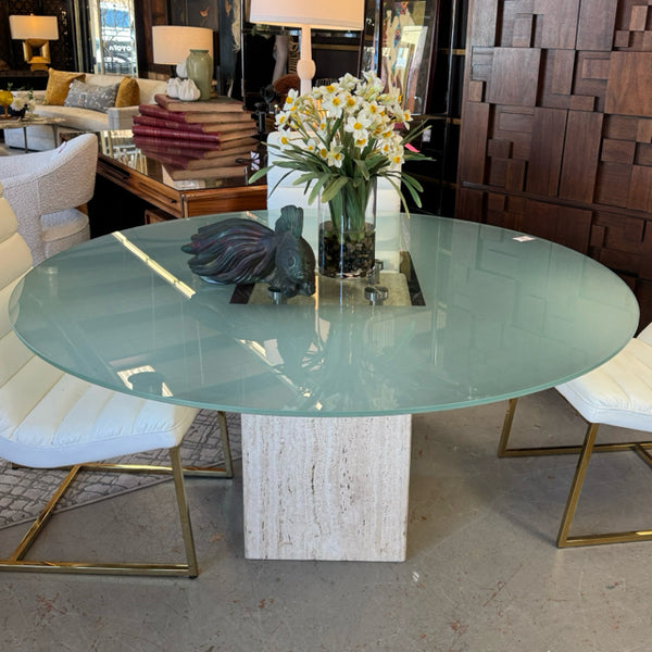 60" Round Travertine Dining Table W/Frosted Glass Top