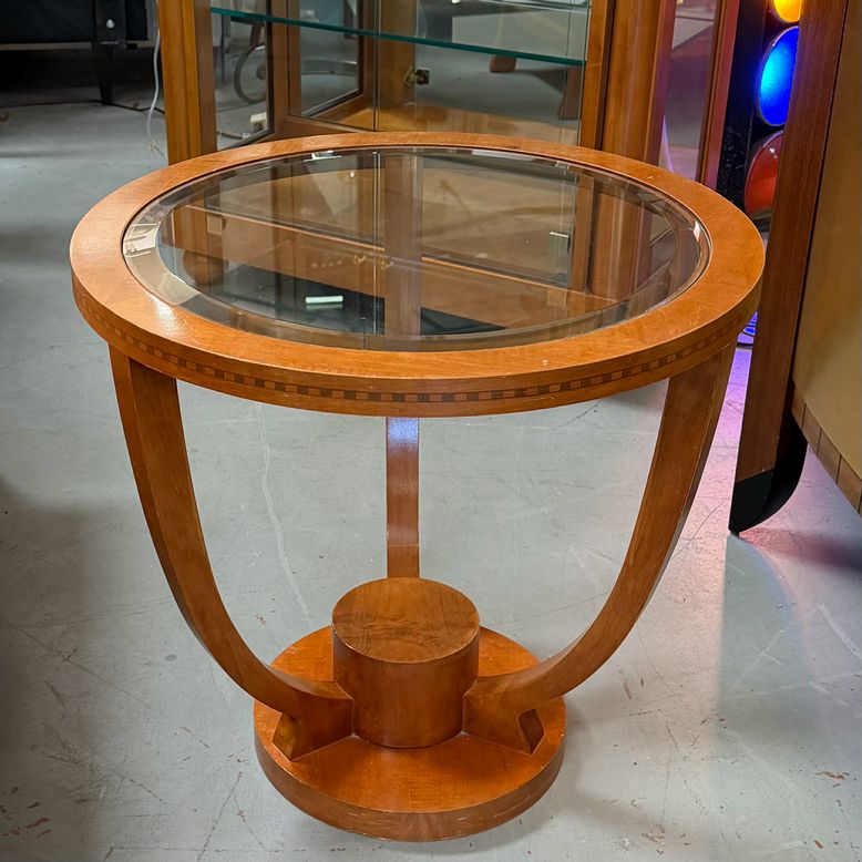 Deco Style Inlaid Wood & Glass Side Table 26x26x24