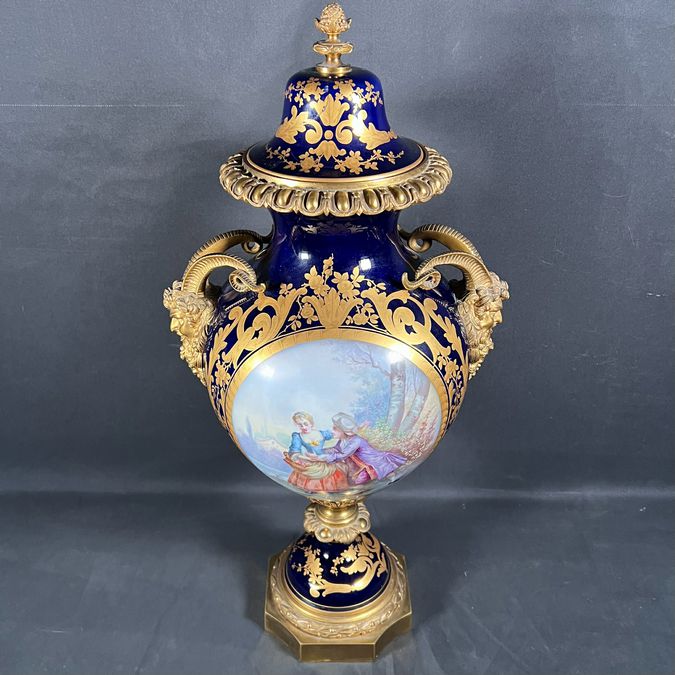 French Sevres Enamel & Bronze God of Bacchus Vase 27"H