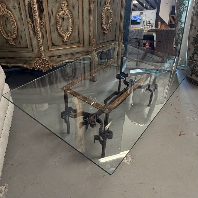 1950's Brutalist Gilded Wrought Iron Coffee Table W/Glass Top 48x30x16