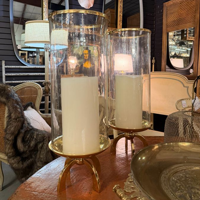 PAIR Large Global Views Quad Base Brass Hurricane Lamps 20.75"H x 9.5"Dia