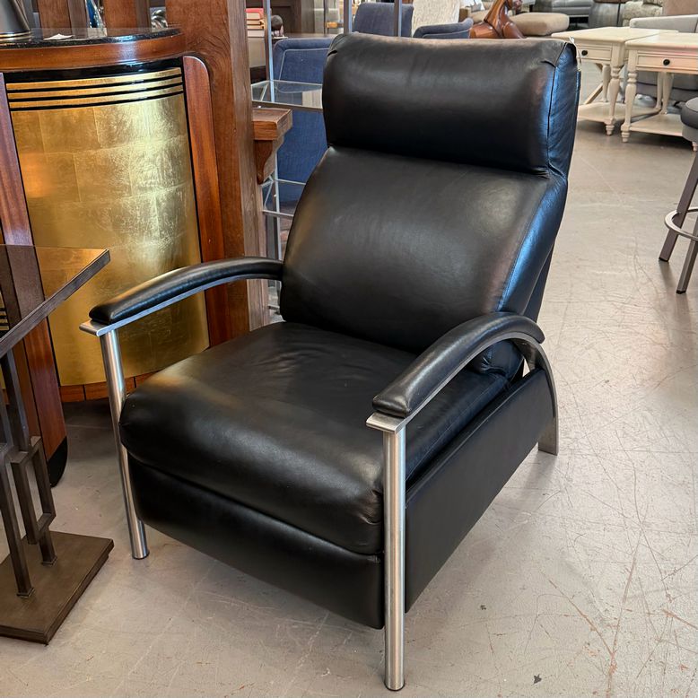 Ethan Allen Custom Black Leather & Chrome Recliner 27x37x41