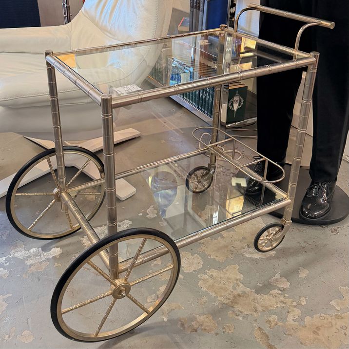 French MCM Silvered Brass Faux Bamboo & Glass Trolley 36x20x30.5