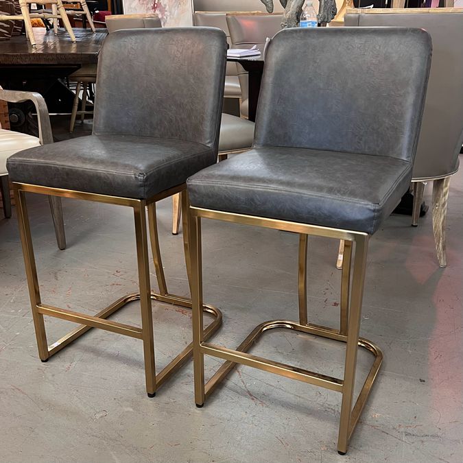 PAIR Faux Grey Leather & Gold Counter Height Barstools 16.5x16x34.5