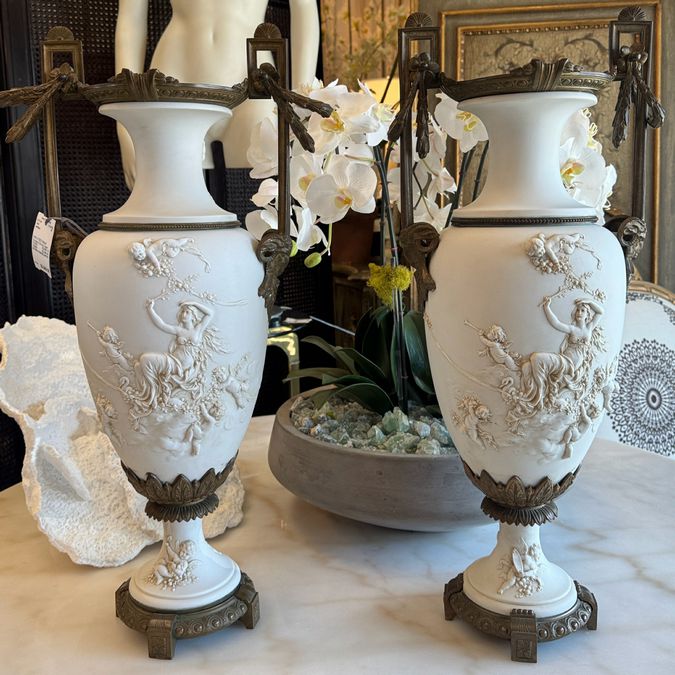 PAIR 1920's Bisque Porcelain & Bronze Vases 24.5"H