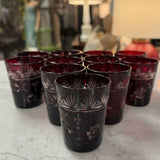 SET/11 Antique Ruby Red Czech Cut to Clear Shot Glasses