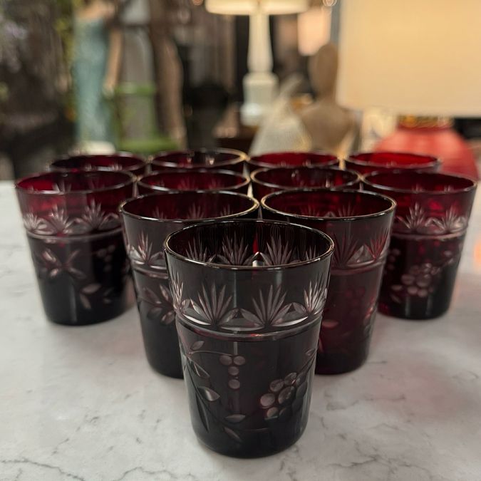 SET/11 Antique Ruby Red Czech Cut to Clear Shot Glasses